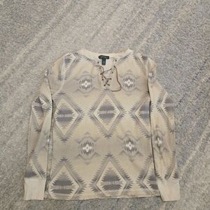 Lauren Ralph Lauren Southwestern Waffle Knit Henley Shirt Lace Up Aztec Med M